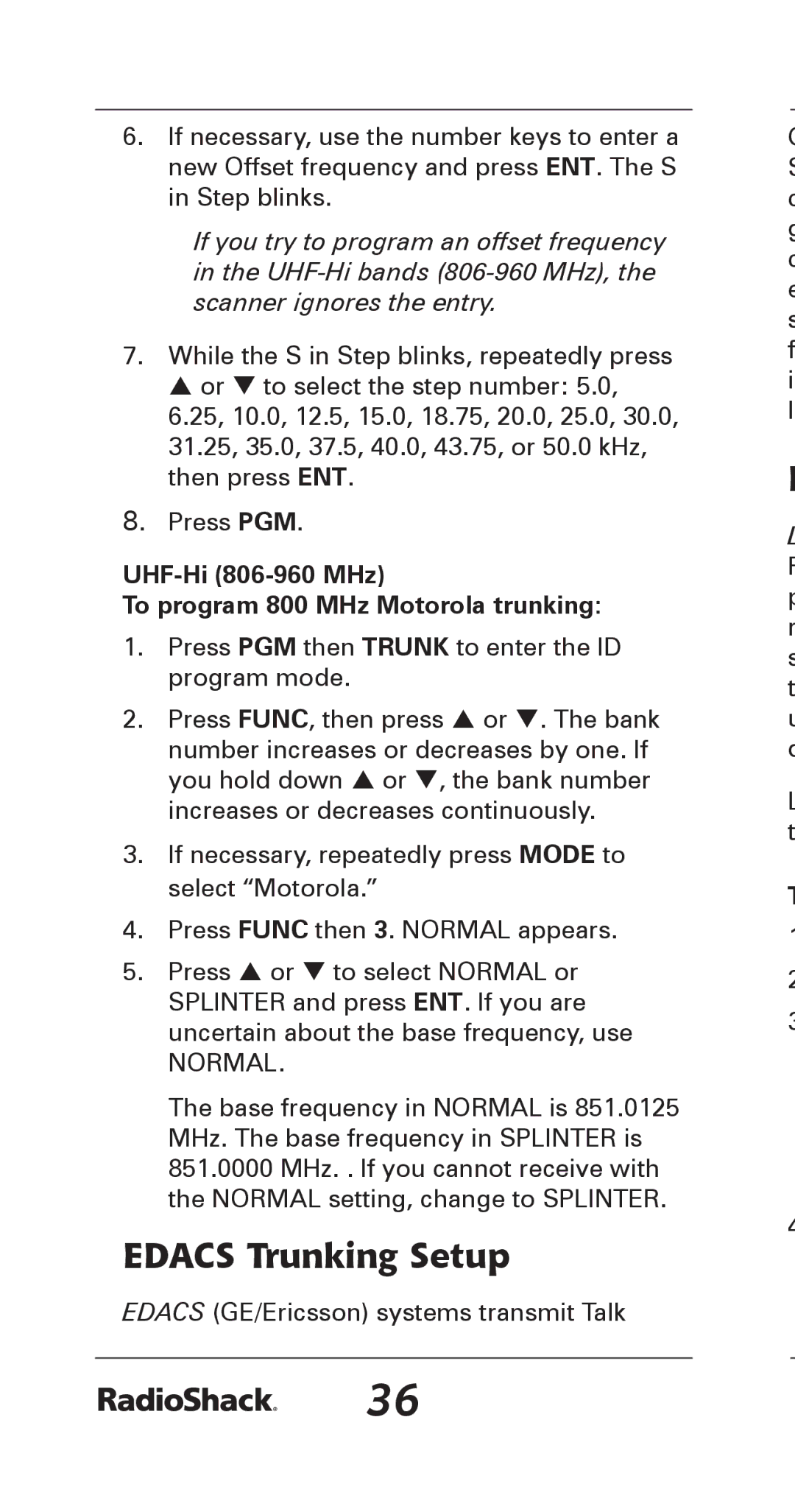 Radio Shack 20-164 manual Edacs Trunking Setup, UHF-Hi 806-960 MHz To program 800 MHz Motorola trunking 