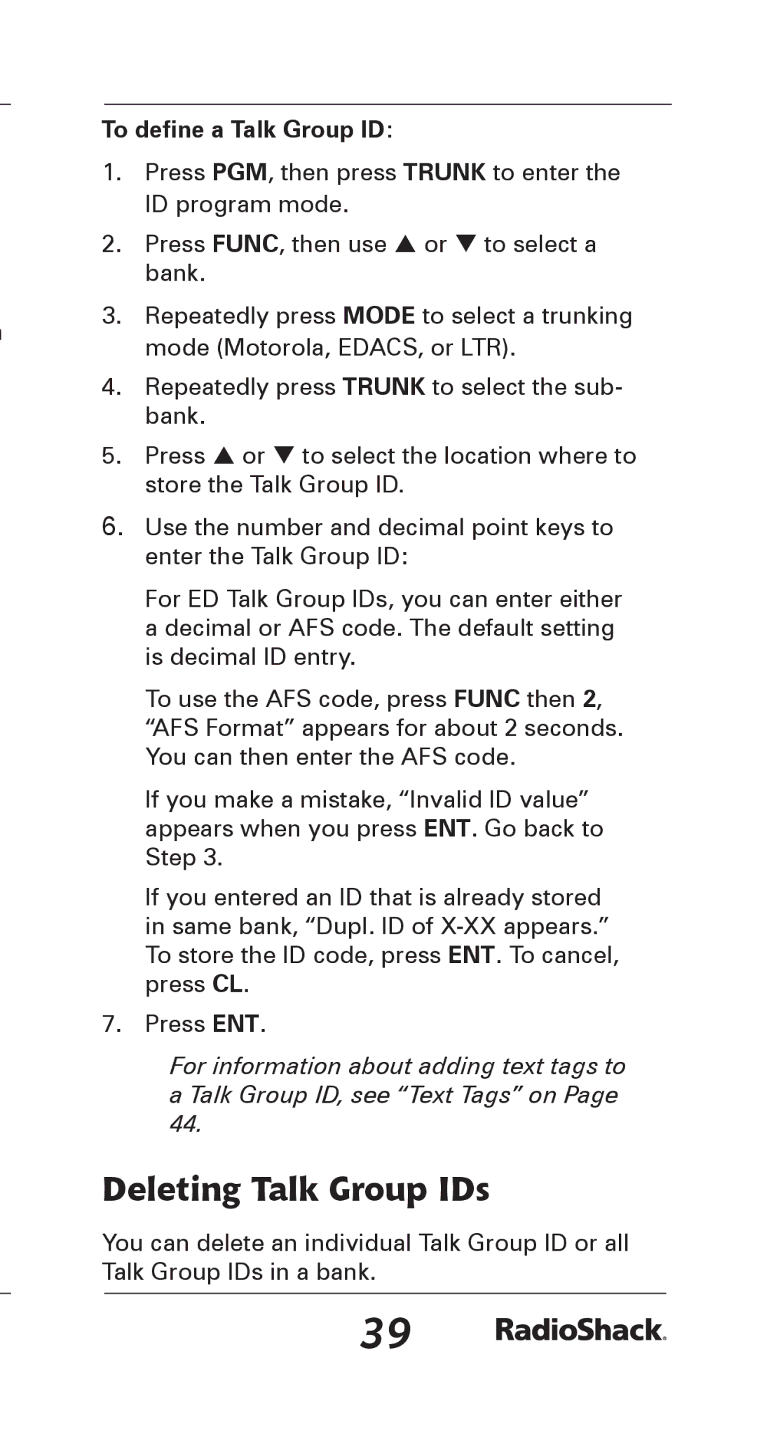 Radio Shack 20-164 manual Deleting Talk Group IDs, To define a Talk Group ID 