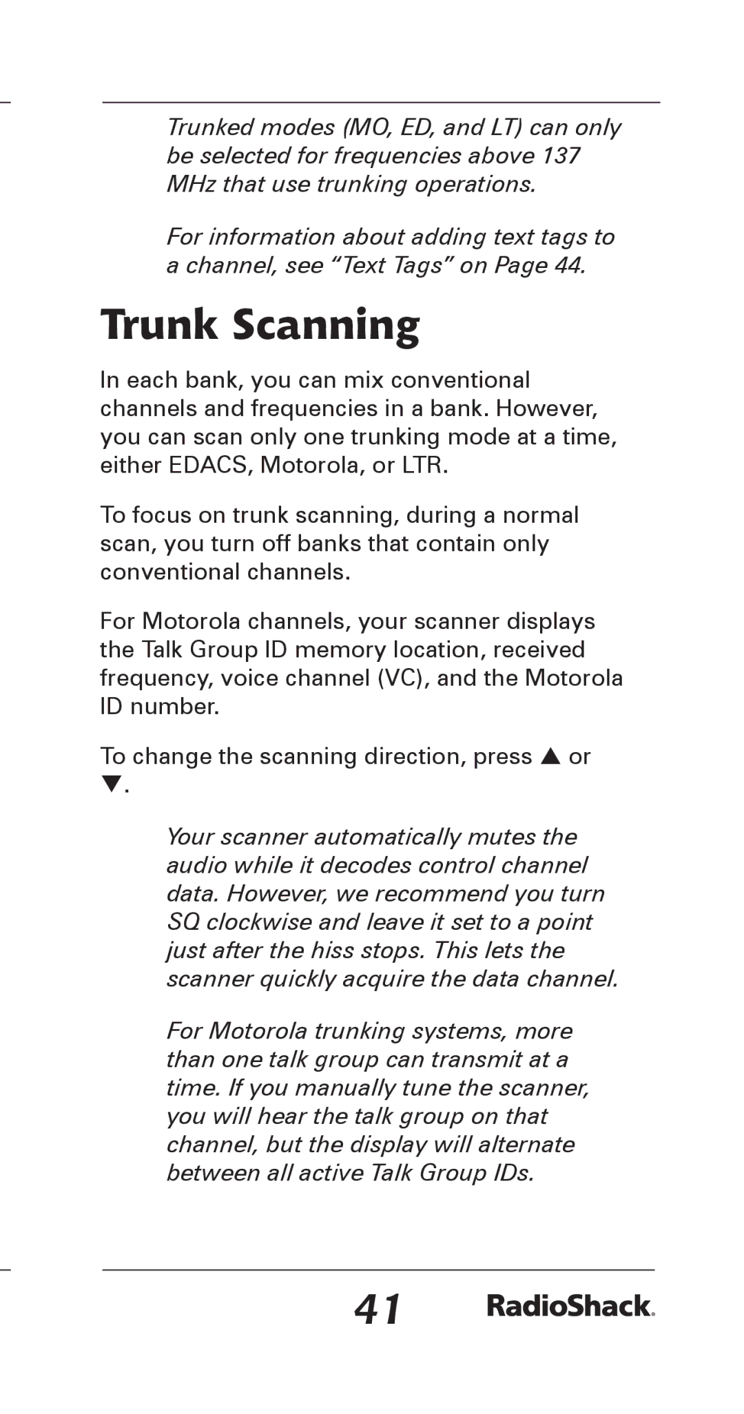 Radio Shack 20-164 manual Trunk Scanning, To change the scanning direction, press  or  