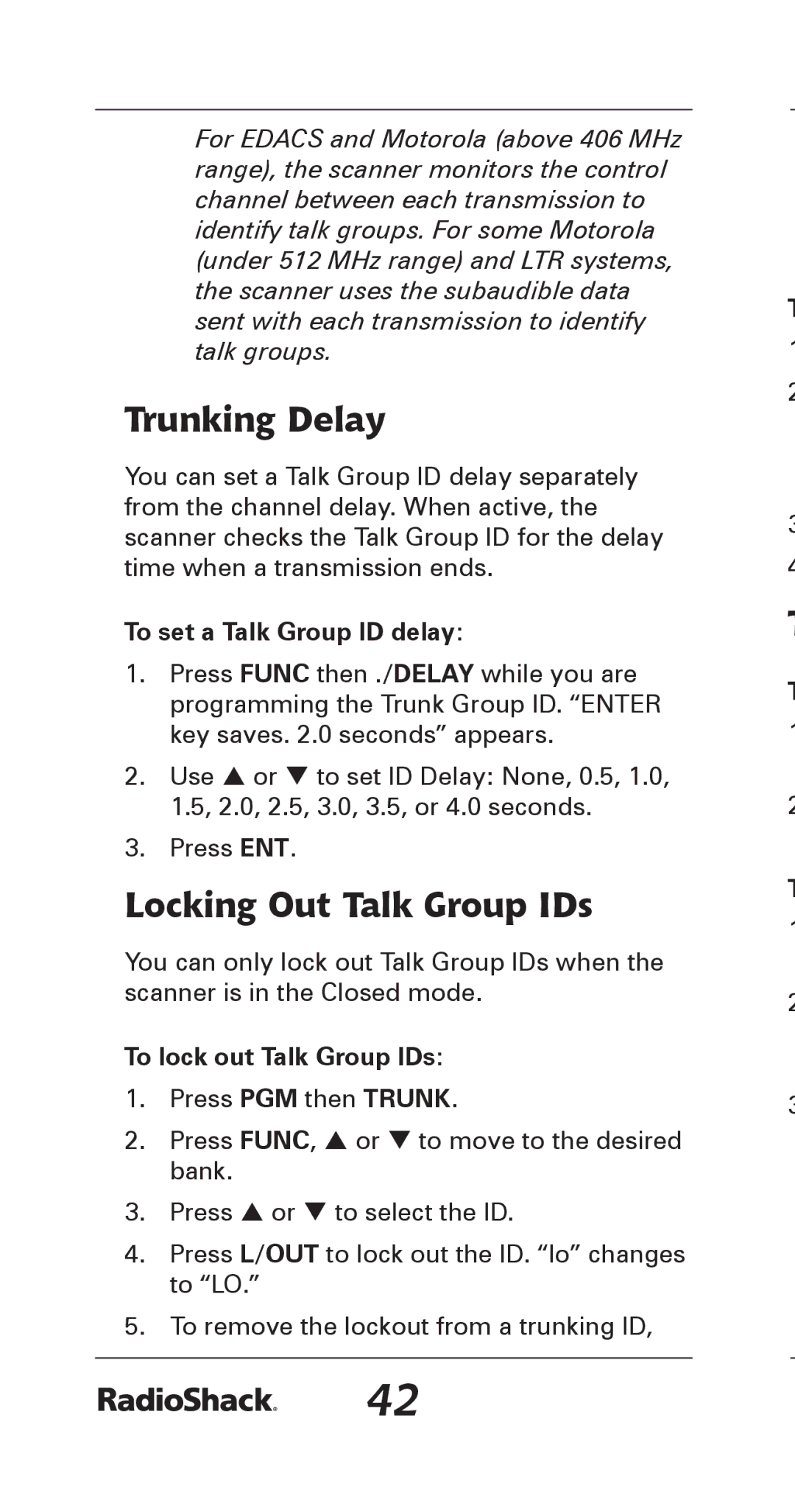 Radio Shack 20-164 Trunking Delay, Locking Out Talk Group IDs, To set a Talk Group ID delay, To lock out Talk Group IDs 