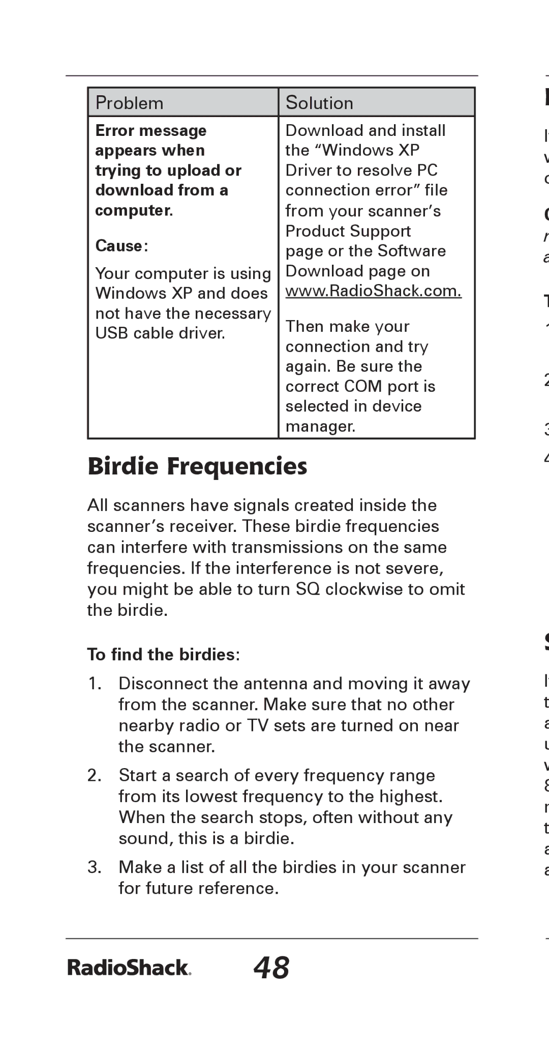 Radio Shack 20-164 manual Birdie Frequencies 