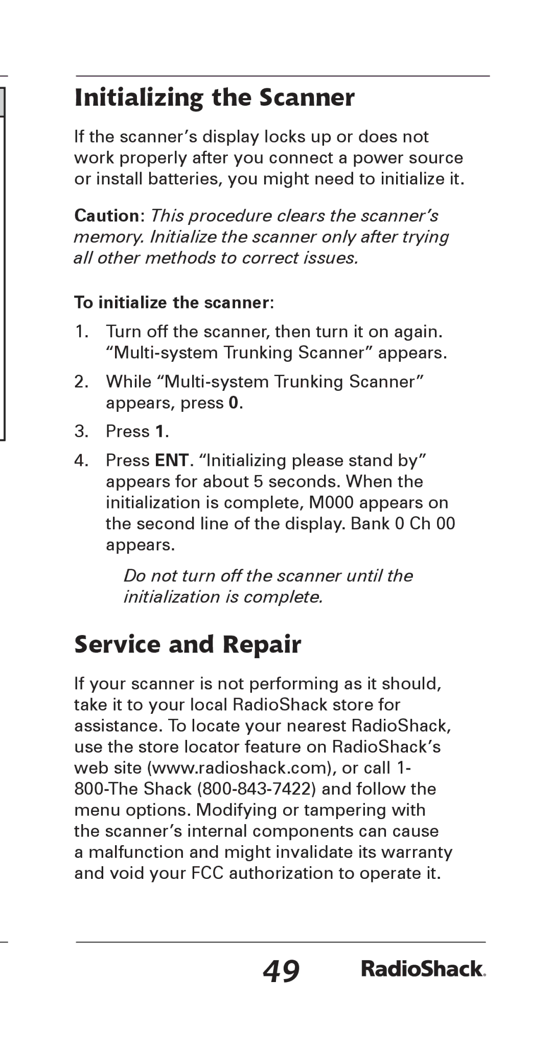 Radio Shack 20-164 manual Initializing the Scanner, Service and Repair, To initialize the scanner 