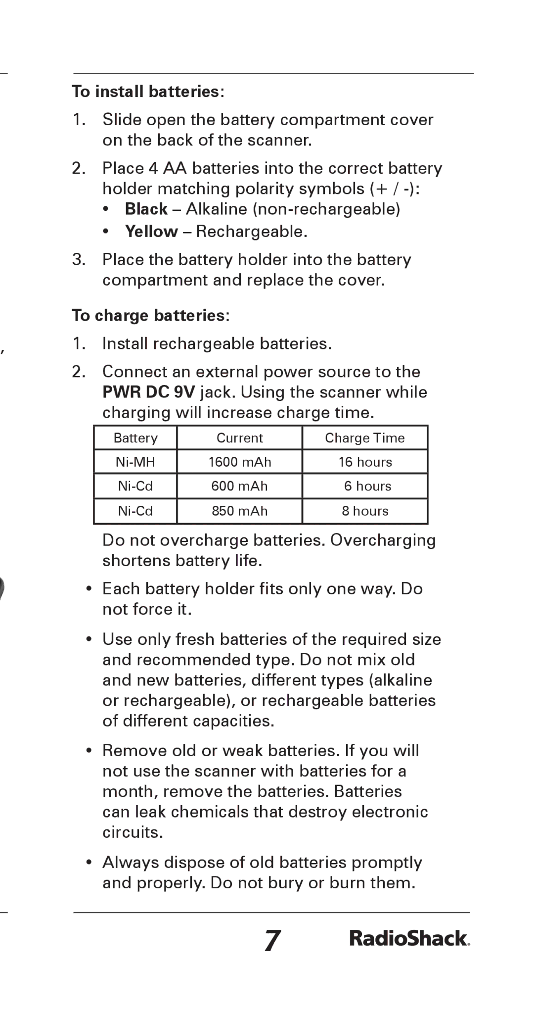 Radio Shack 20-164 manual To install batteries, To charge batteries 