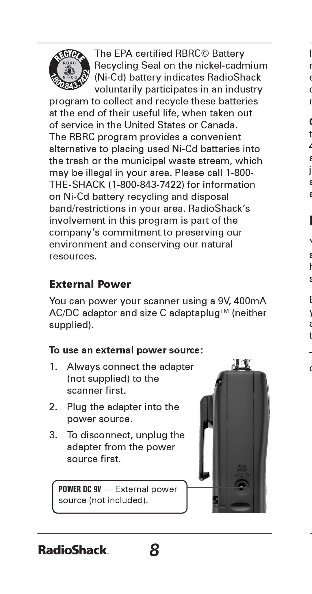 Radio Shack 20-164 manual External Power, To use an external power source 