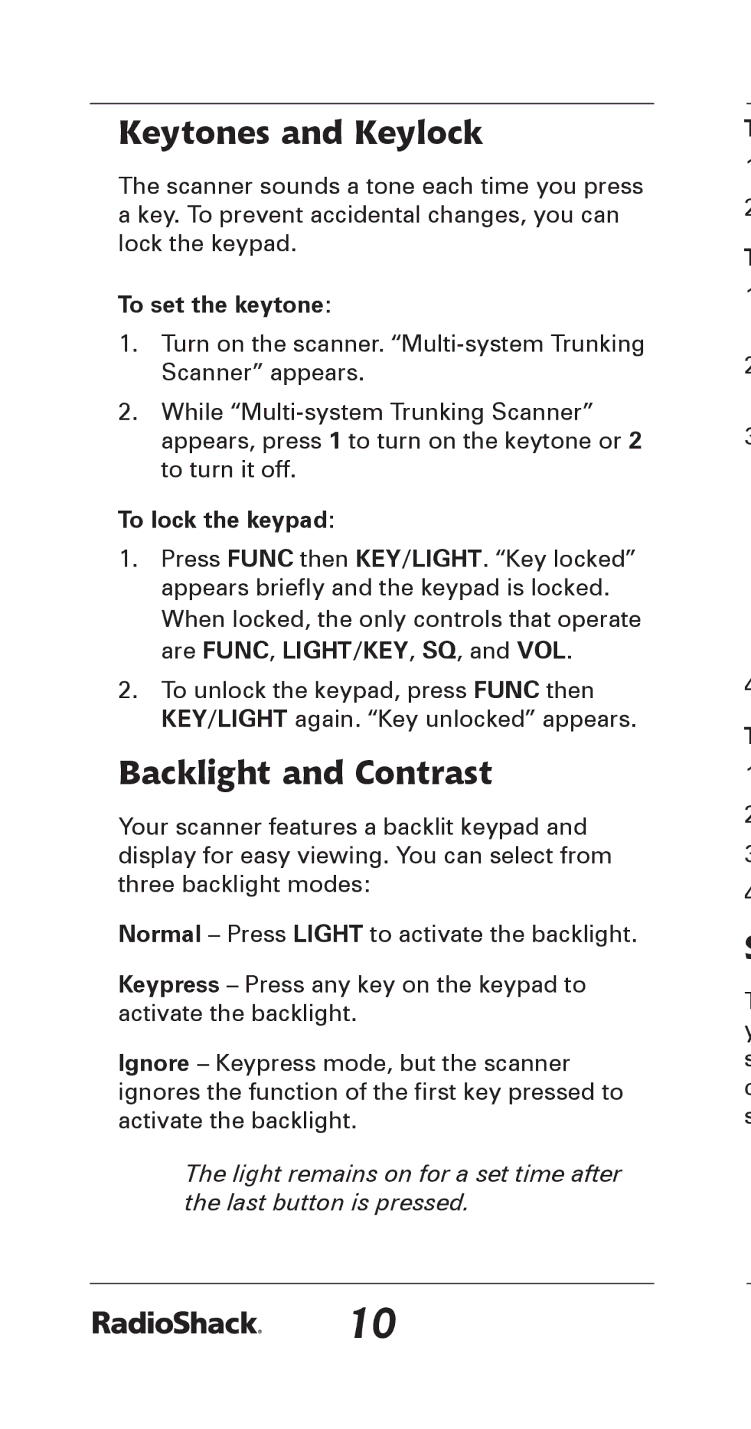 Radio Shack 20-164 manual Keytones and Keylock, Backlight and Contrast, To set the keytone, To lock the keypad 