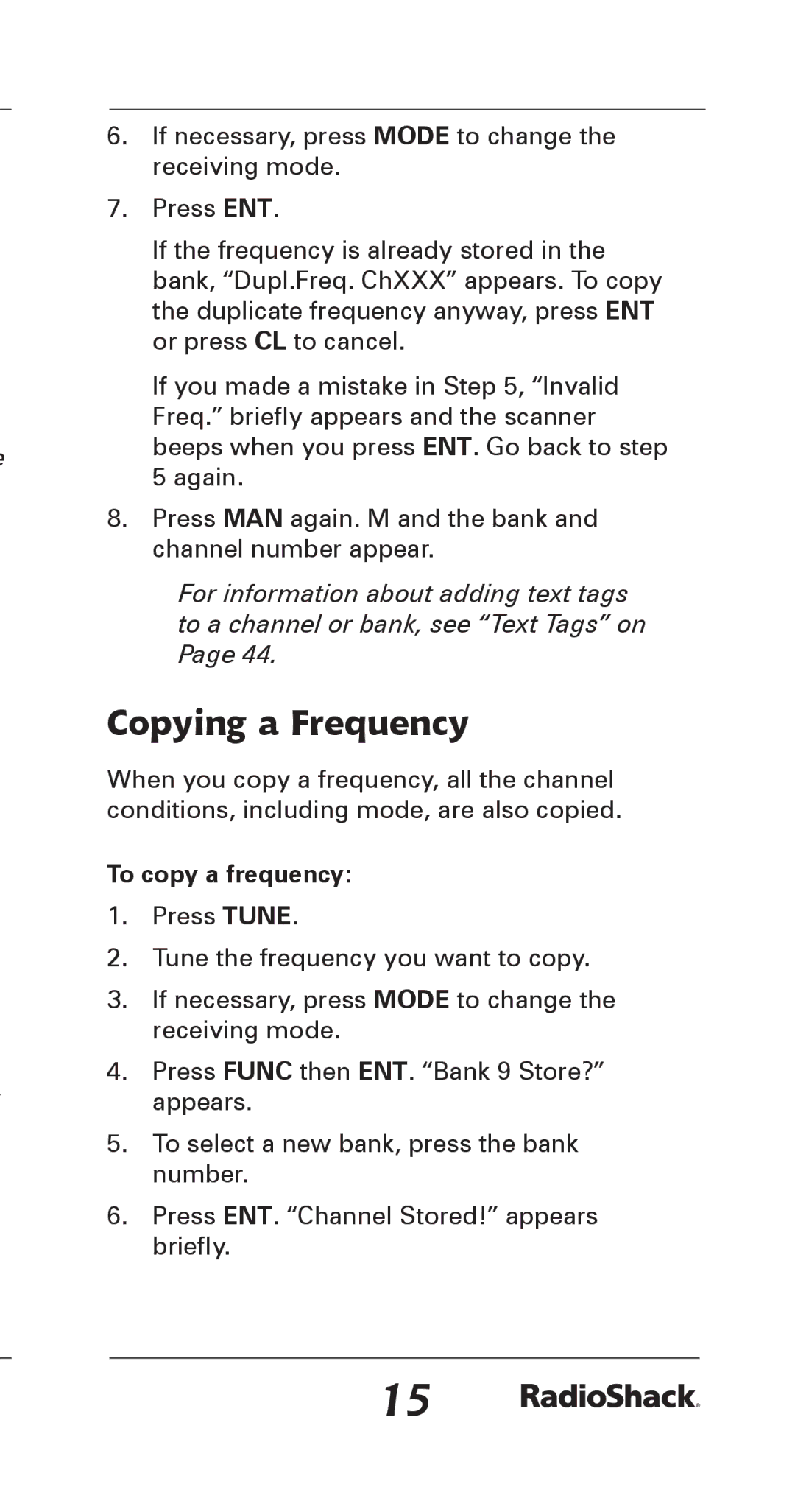 Radio Shack 20-164 manual Copying a Frequency, To copy a frequency 