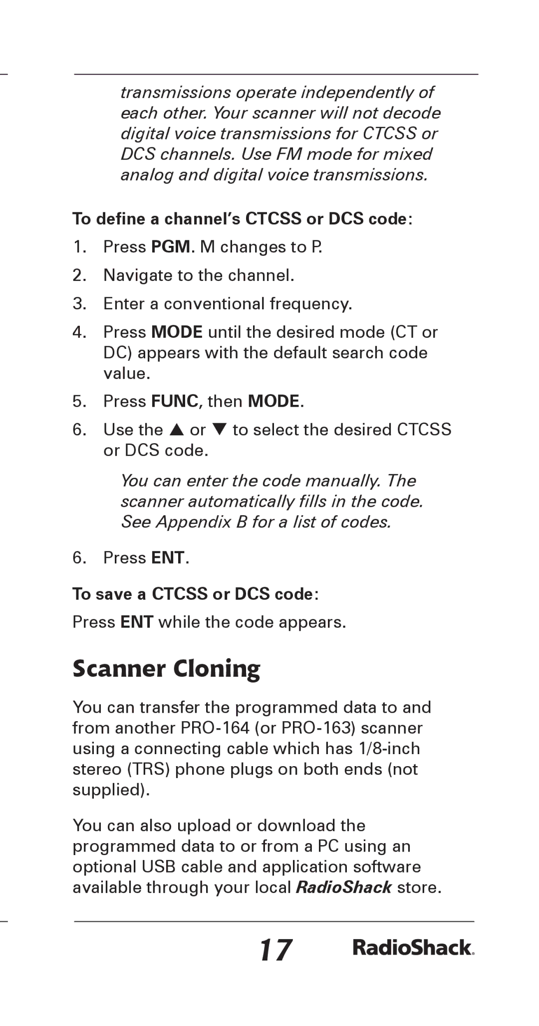 Radio Shack 20-164 manual Scanner Cloning, To define a channel’s Ctcss or DCS code, To save a Ctcss or DCS code 