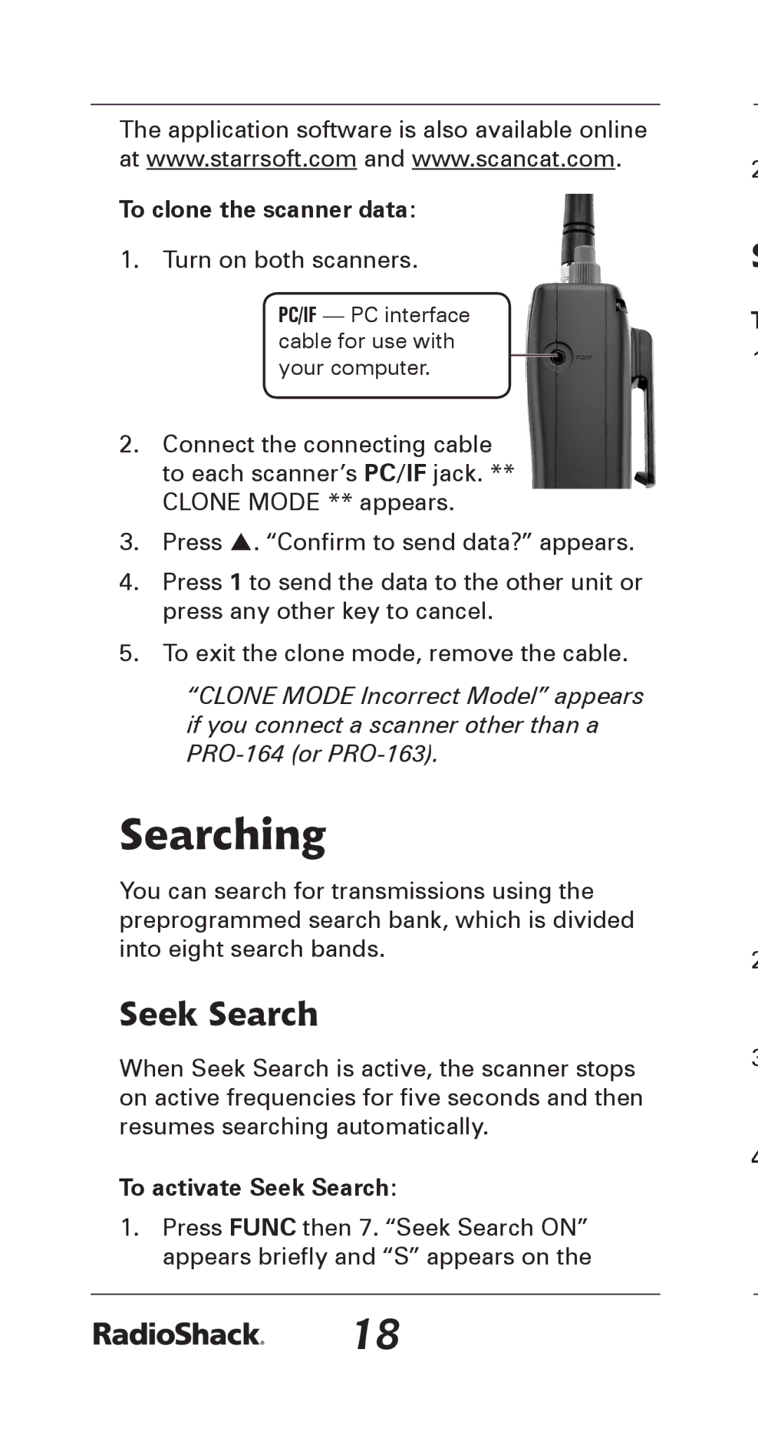 Radio Shack 20-164 manual Searching, To clone the scanner data, To activate Seek Search 