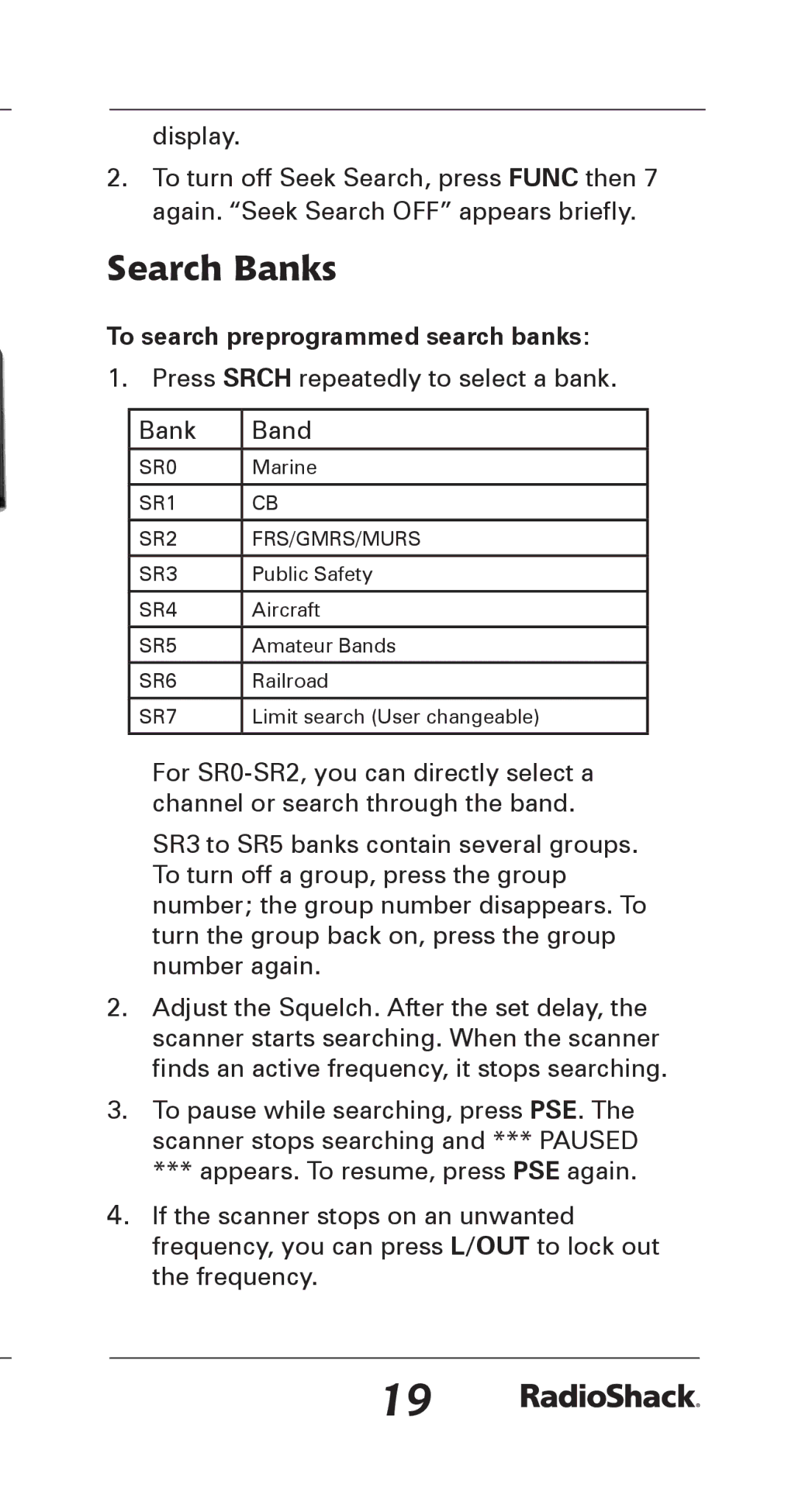 Radio Shack 20-164 manual Search Banks, To search preprogrammed search banks 