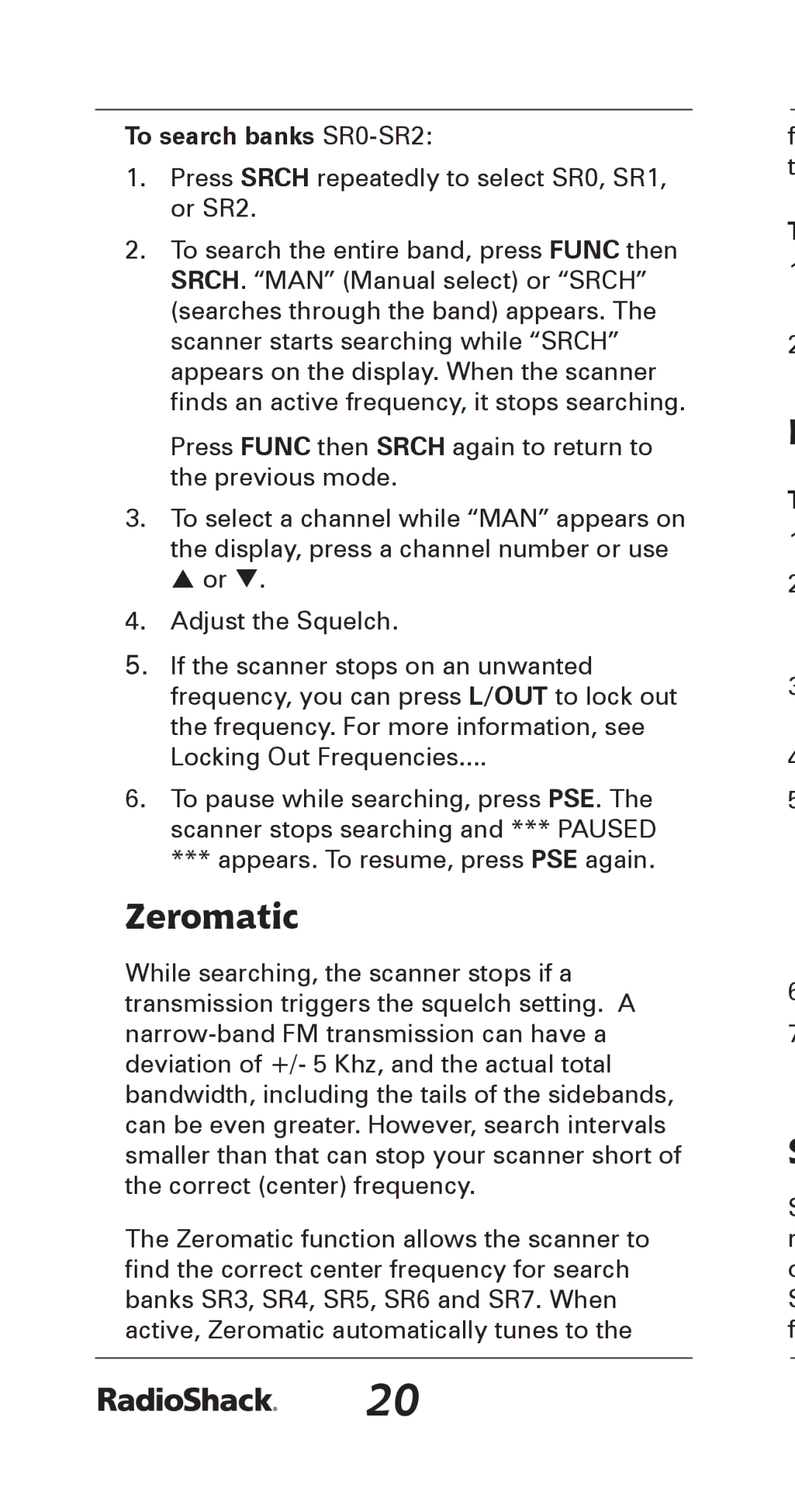 Radio Shack 20-164 manual Zeromatic, To search banks SR0-SR2 