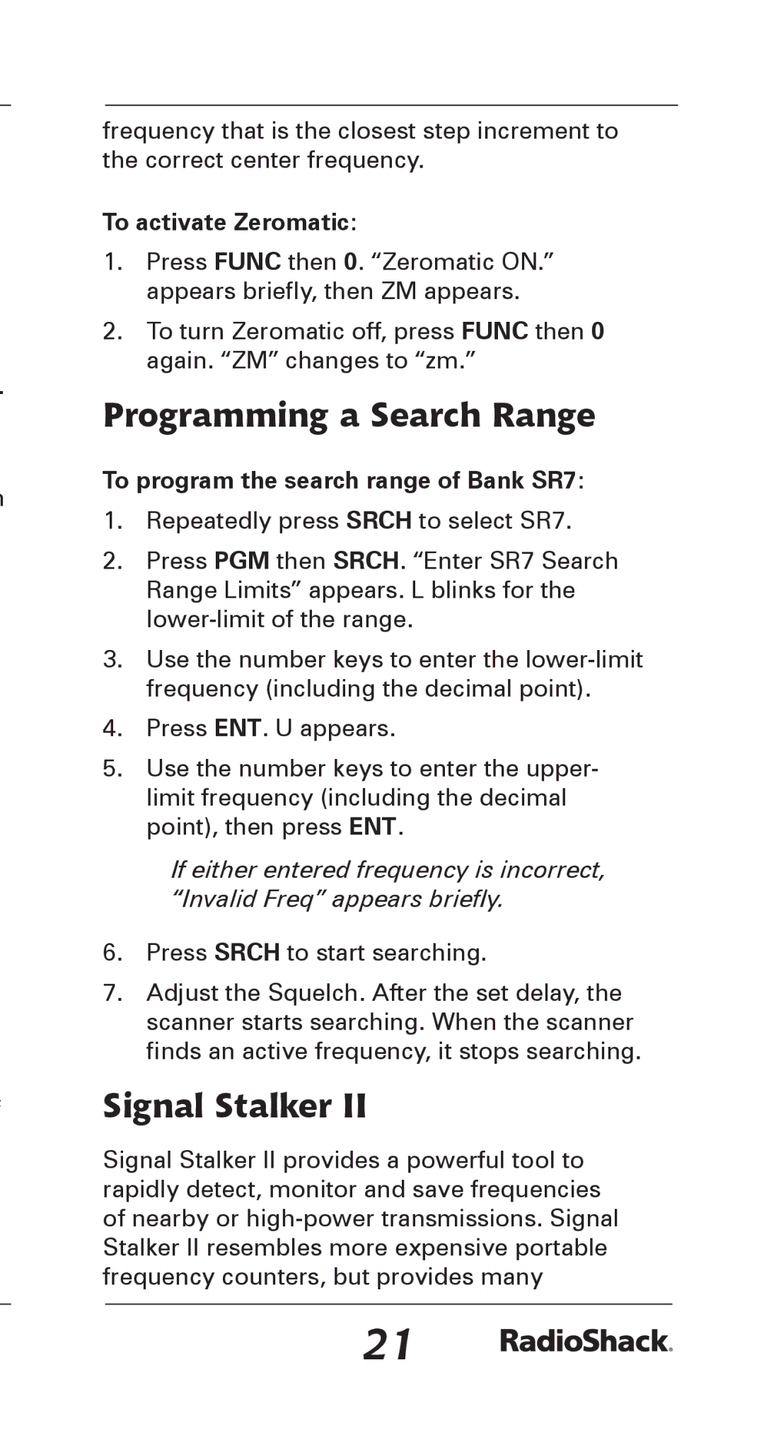 Radio Shack 20-164 manual Programming a Search Range, Signal Stalker, To activate Zeromatic 