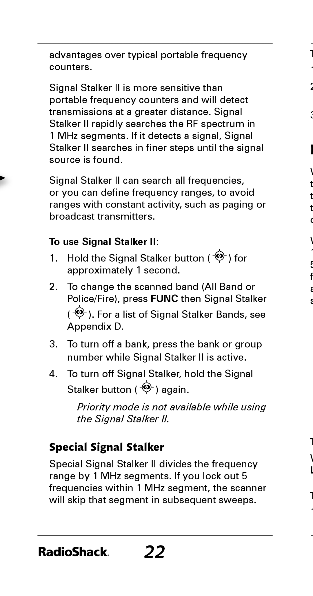 Radio Shack 20-164 manual Special Signal Stalker, To use Signal Stalker 