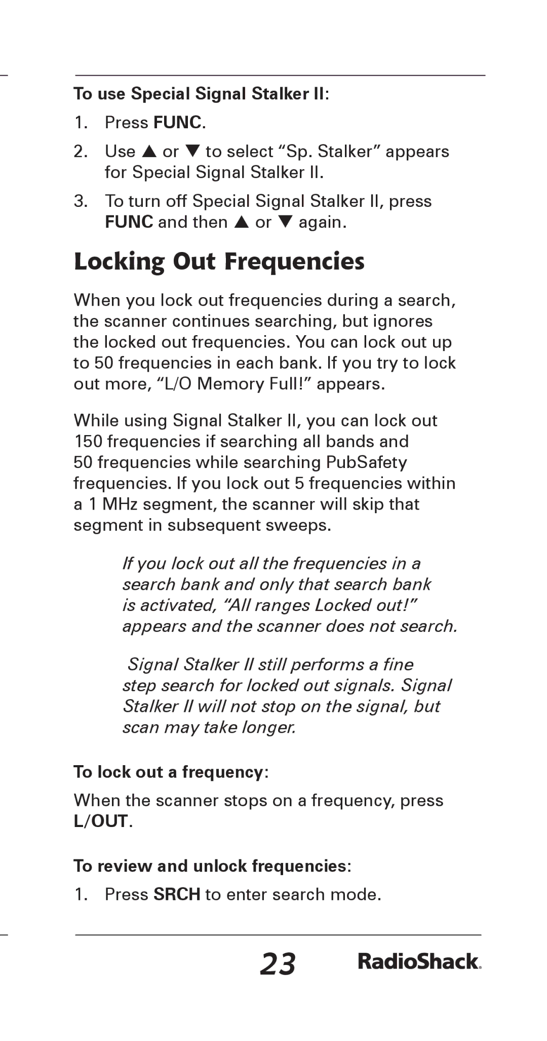 Radio Shack 20-164 manual Locking Out Frequencies, To use Special Signal Stalker, To lock out a frequency 