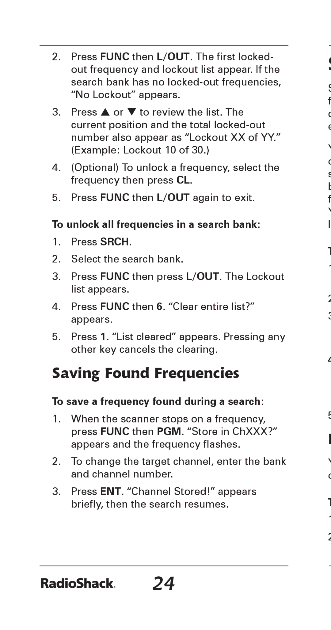 Radio Shack 20-164 manual Saving Found Frequencies, To unlock all frequencies in a search bank 