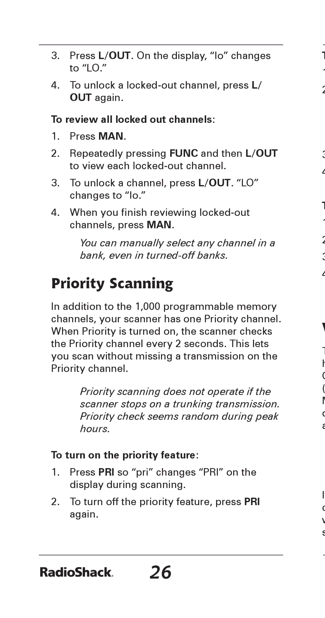 Radio Shack 20-164 manual Priority Scanning, To review all locked out channels, To turn on the priority feature 