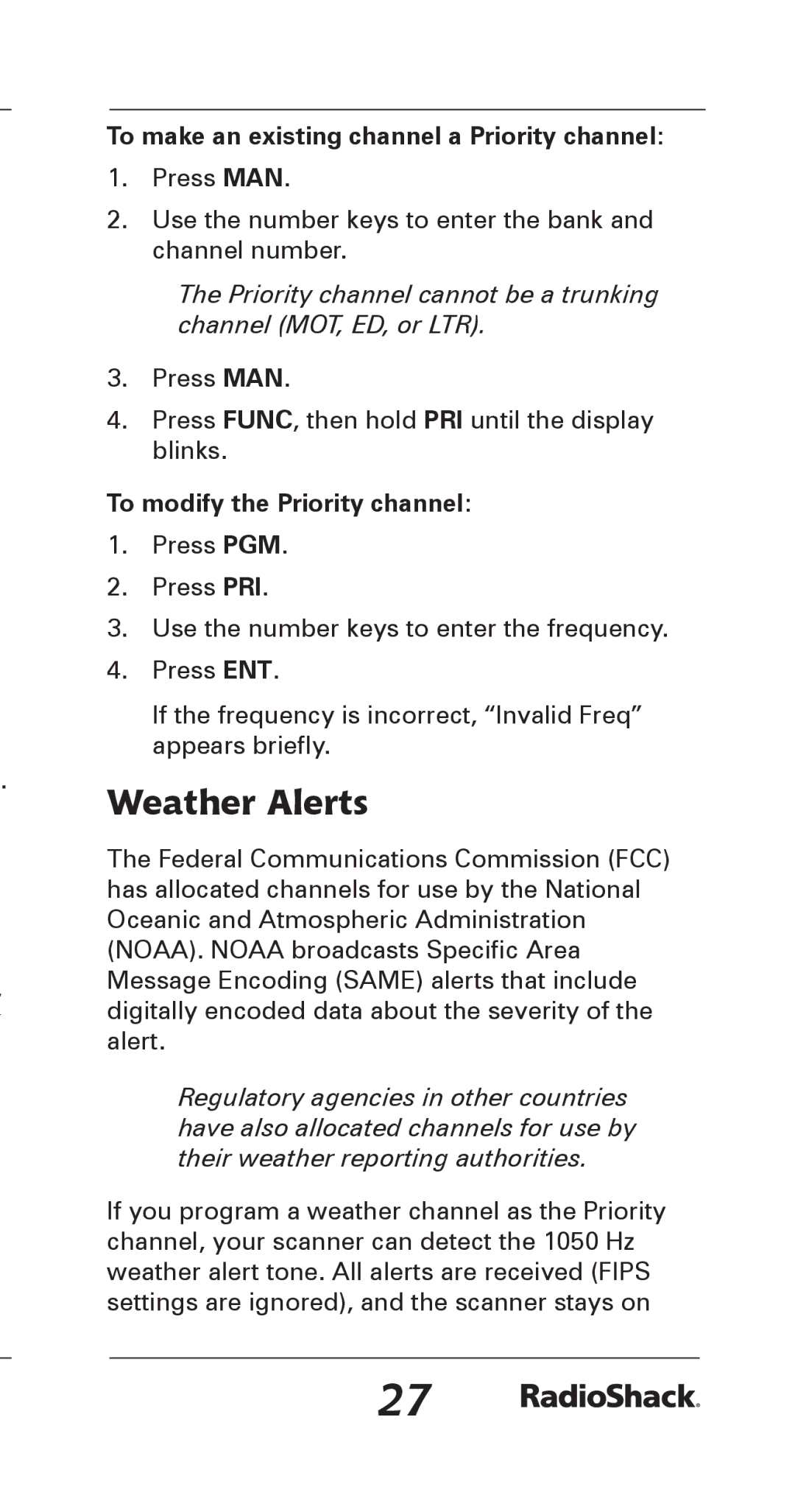 Radio Shack 20-164 manual Weather Alerts, To make an existing channel a Priority channel, To modify the Priority channel 