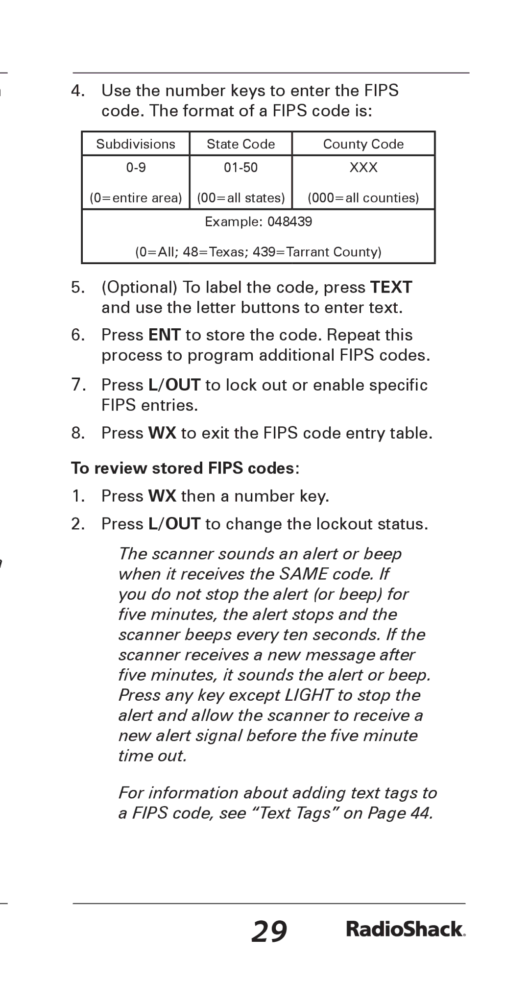 Radio Shack 20-164 manual Code. The format of a Fips code is, To review stored Fips codes 