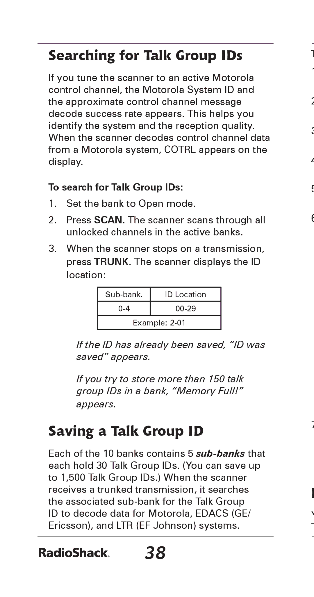 Radio Shack 20-164 manual Searching for Talk Group IDs, Saving a Talk Group ID, To search for Talk Group IDs 