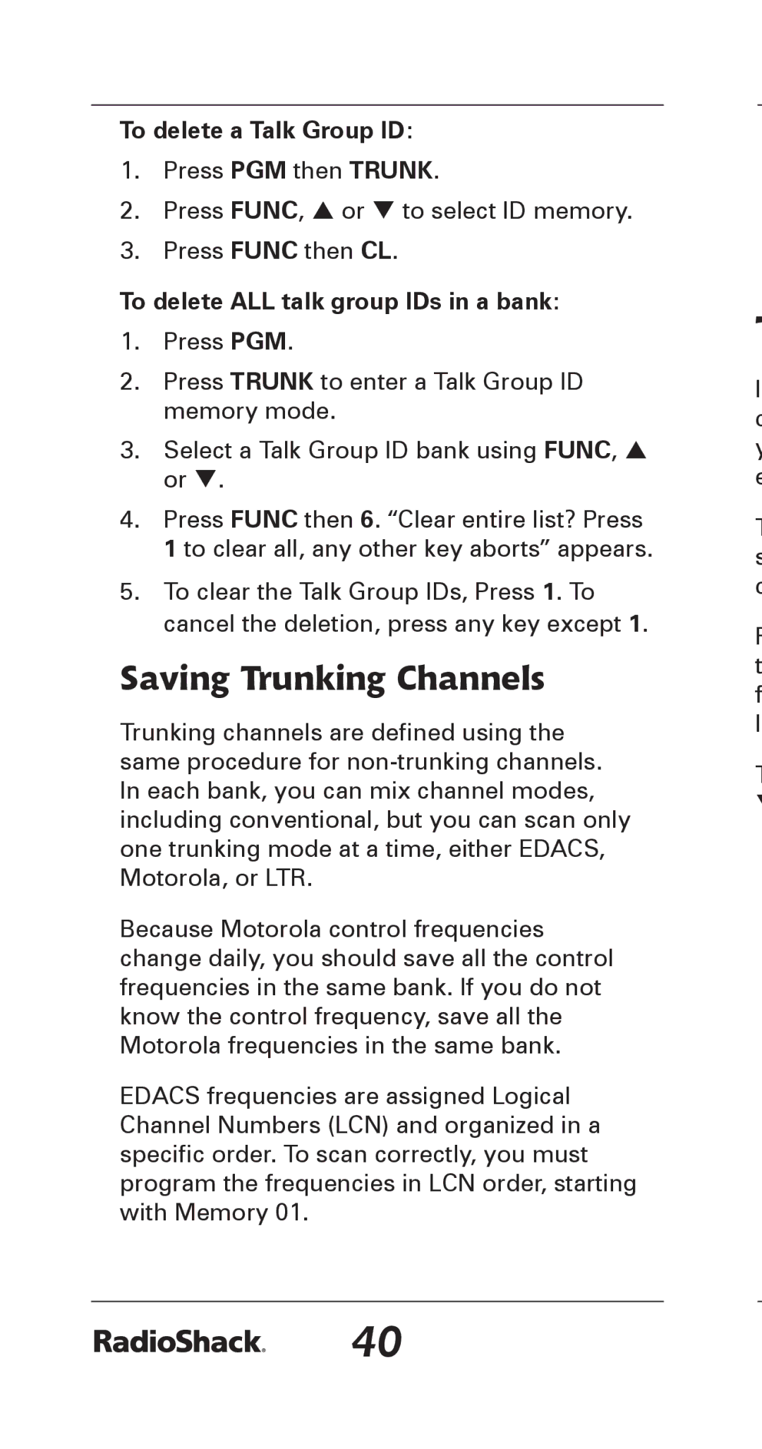 Radio Shack 20-164 manual Saving Trunking Channels, To delete a Talk Group ID, To delete ALL talk group IDs in a bank 