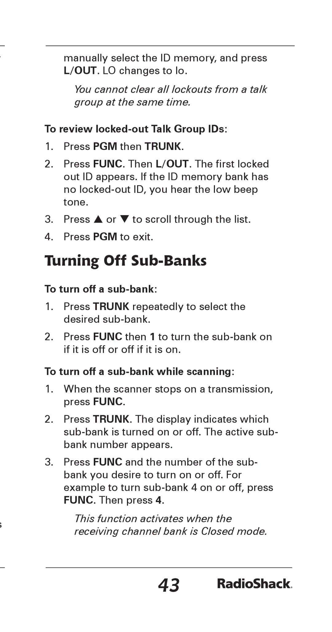 Radio Shack 20-164 manual Turning Off Sub-Banks, To review locked-out Talk Group IDs, To turn off a sub-bank 