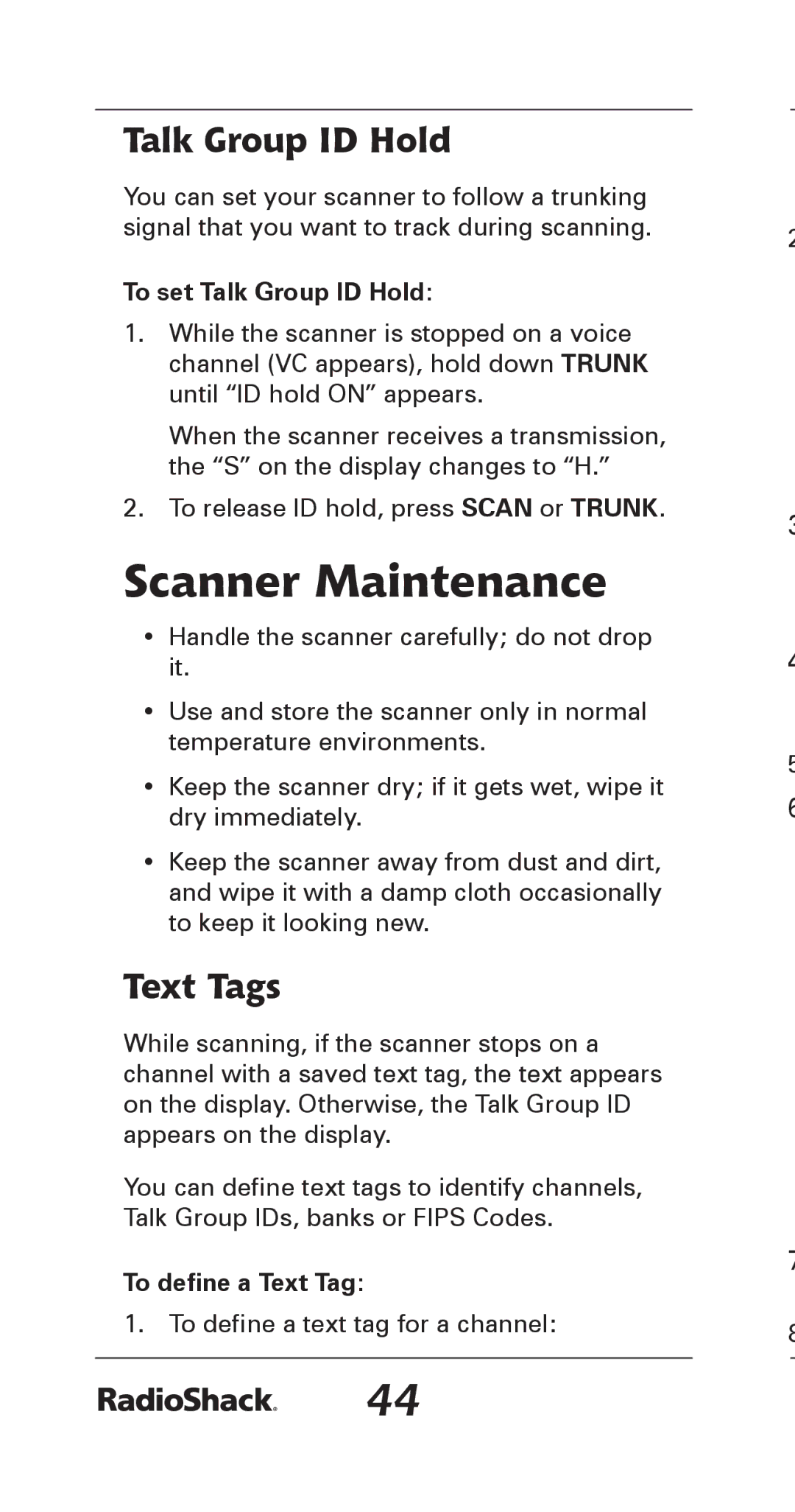 Radio Shack 20-164 manual Scanner Maintenance, Text Tags, To set Talk Group ID Hold, To define a Text Tag 