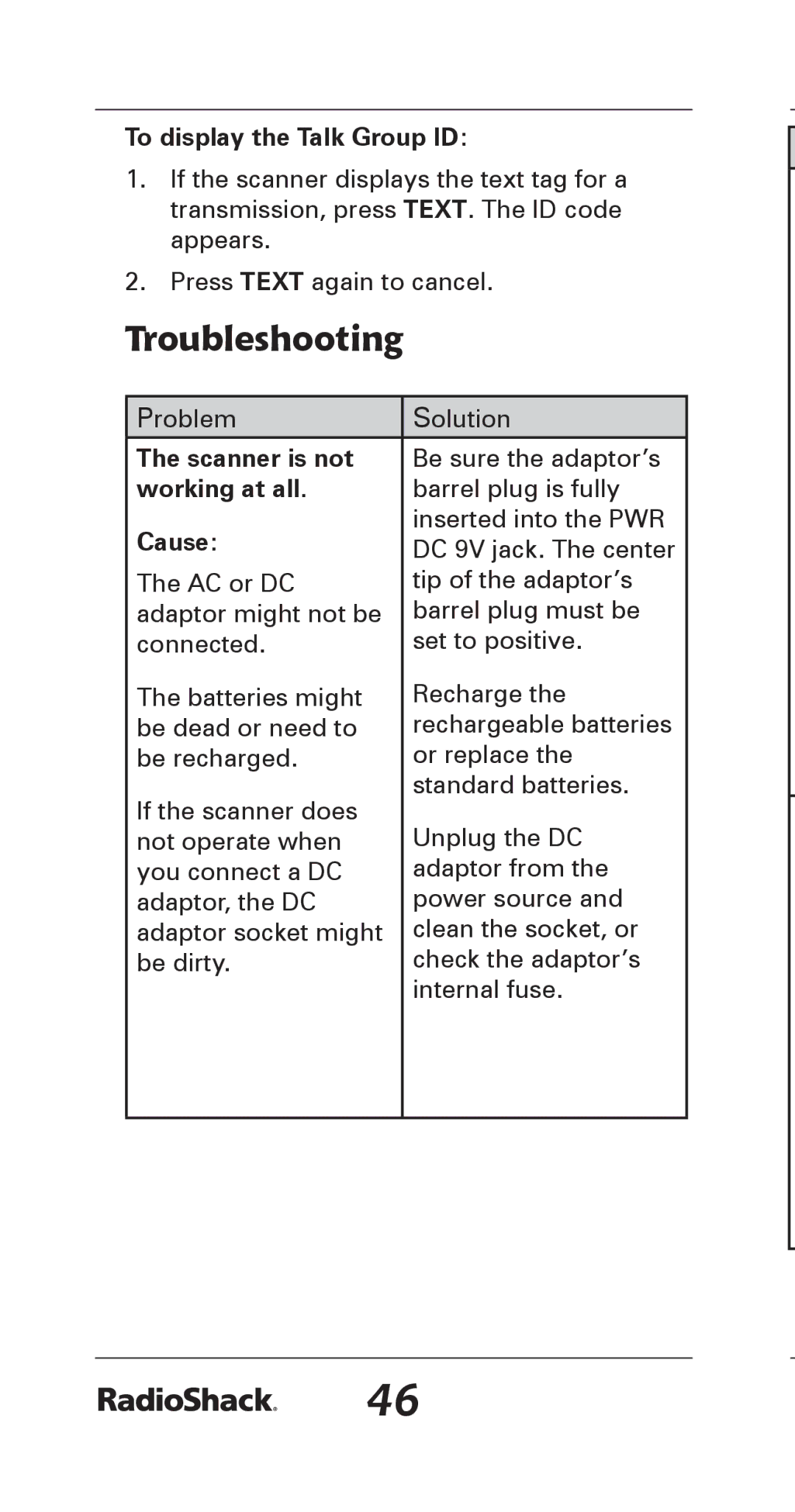 Radio Shack 20-164 manual Troubleshooting, To display the Talk Group ID, Scanner is not, Working at all, Cause 