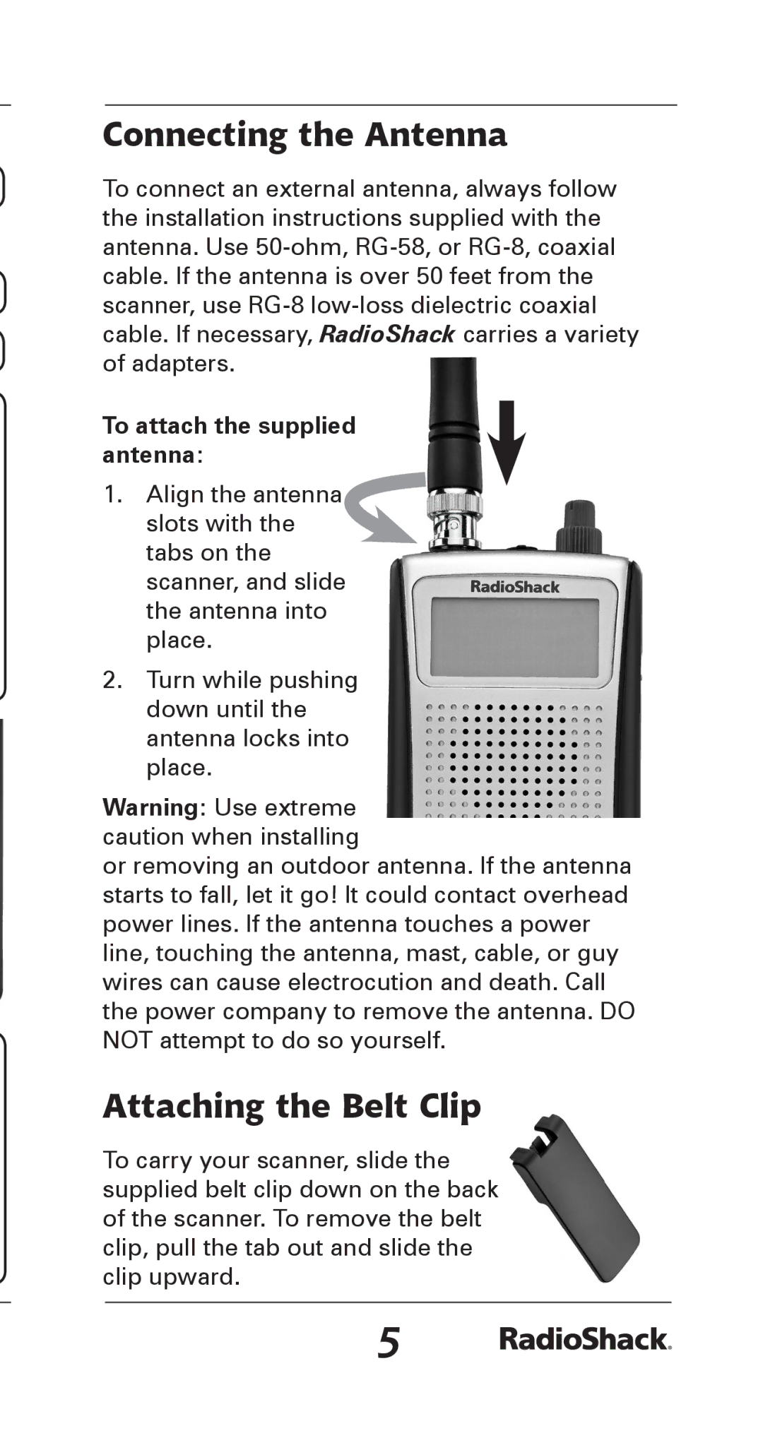 Radio Shack 20-164 manual Connecting the Antenna, Attaching the Belt Clip, To attach the supplied antenna 