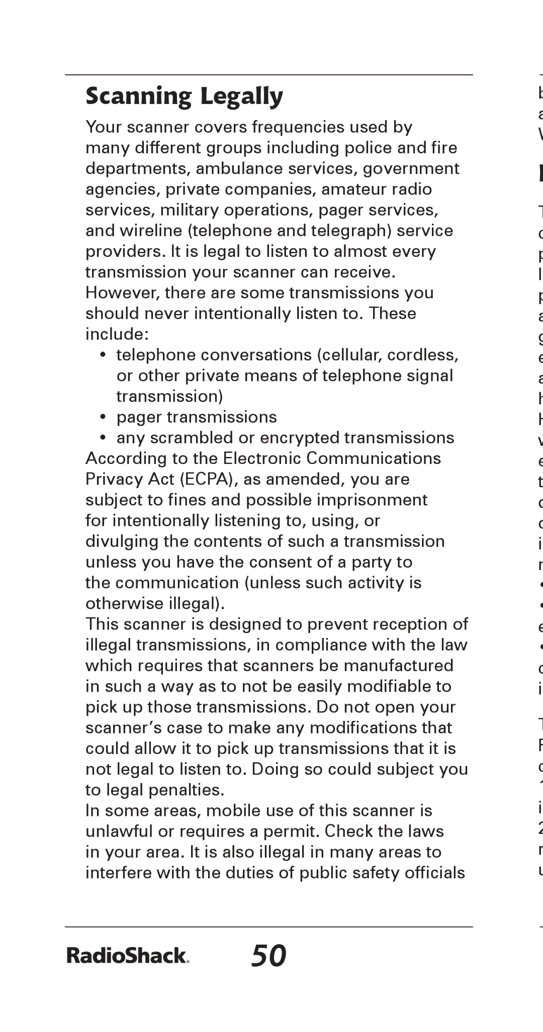 Radio Shack 20-164 manual Scanning Legally 