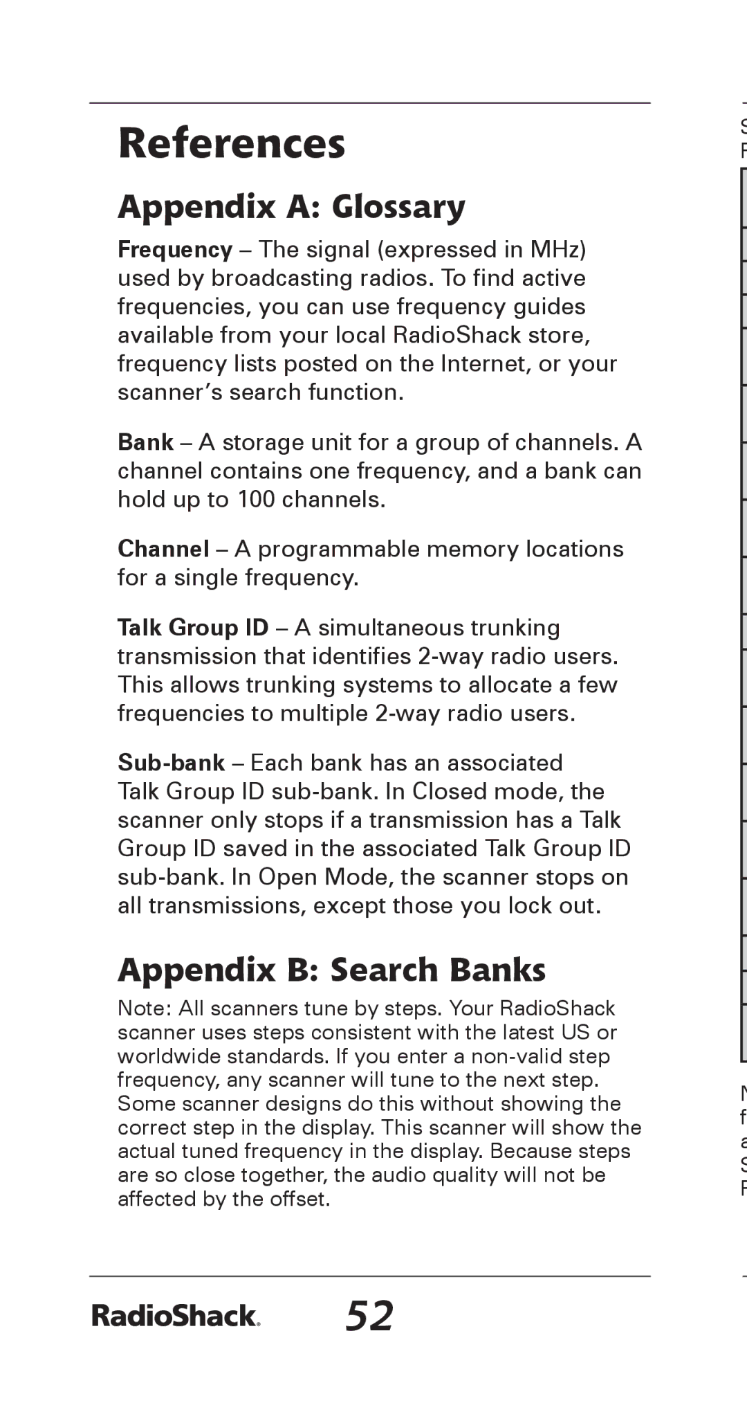 Radio Shack 20-164 manual References, Appendix a Glossary, Appendix B Search Banks 