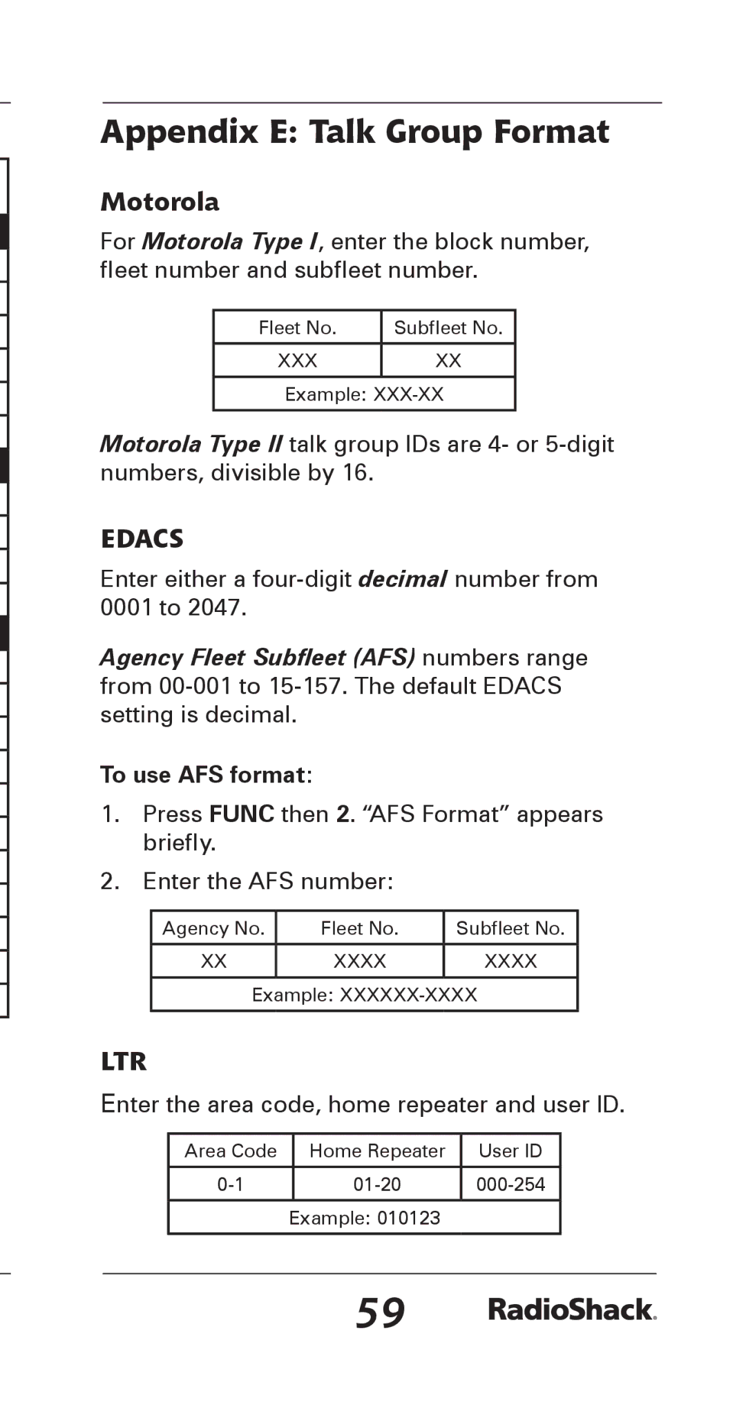 Radio Shack 20-164 manual Appendix E Talk Group Format, Motorola, To use AFS format 