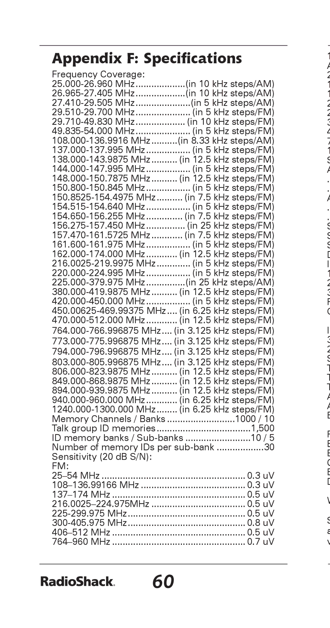 Radio Shack 20-164 manual Appendix F Specifications, MHz 764-960 MHz 