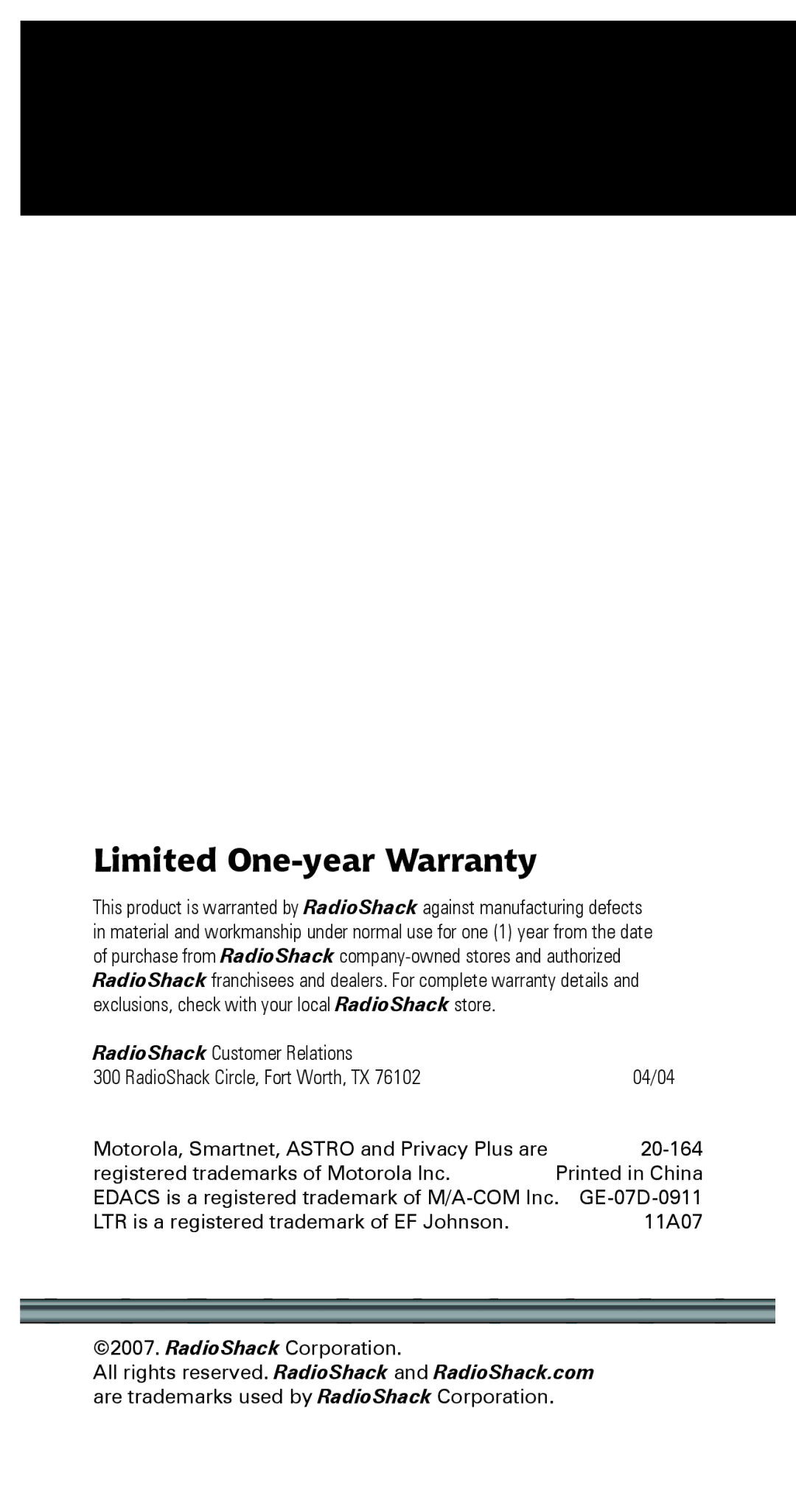 Radio Shack 20-164 manual Limited One-year Warranty 