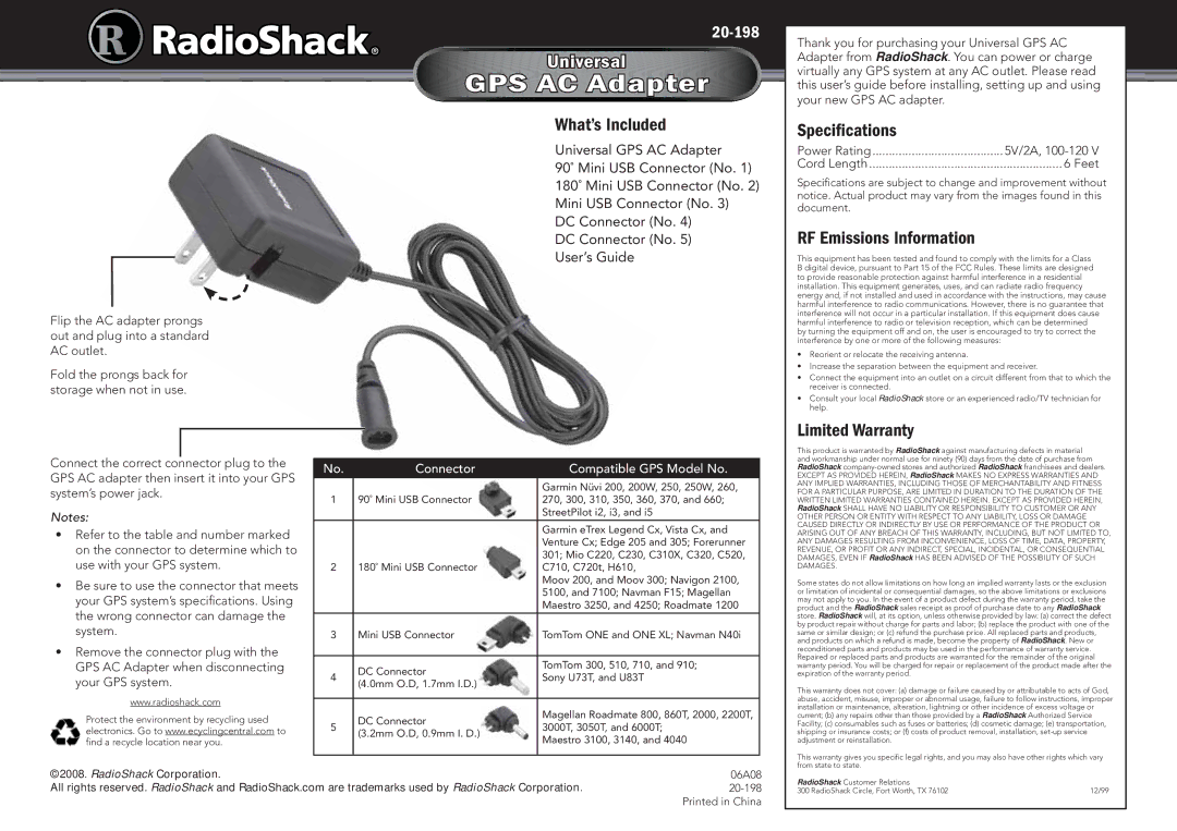 Radio Shack 20-198 specifications GPS AC Adapter, What’s Included, Speciﬁcations, RF Emissions Information 