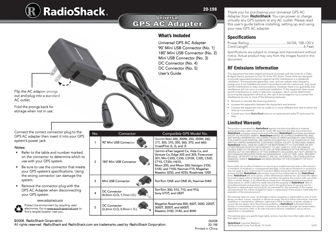 Radio Shack 20-198 specifications GPS AC Adapter, Universal, What’s Included, Speciﬁcations, RF Emissions Information 