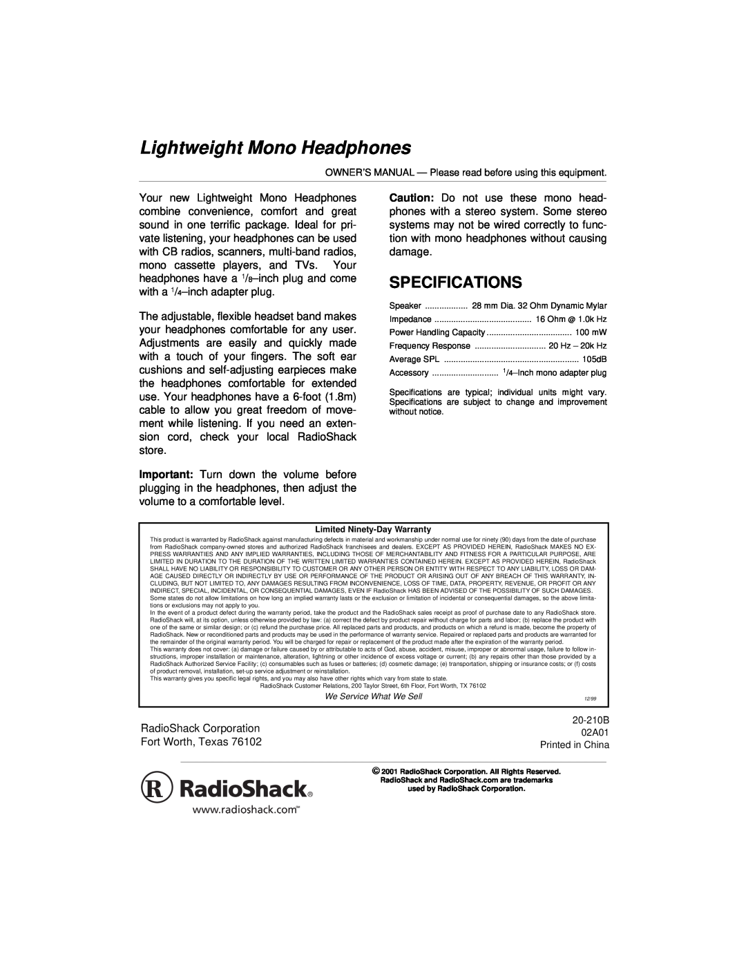 Radio Shack 20-210B specifications Lightweight Mono Headphones, Specifications 