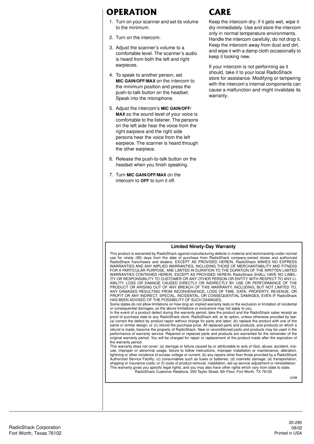 Radio Shack 20-285 owner manual 124#6+10, Turn MIC GAIN/OFF/MAX on the intercom to OFF to turn it off 