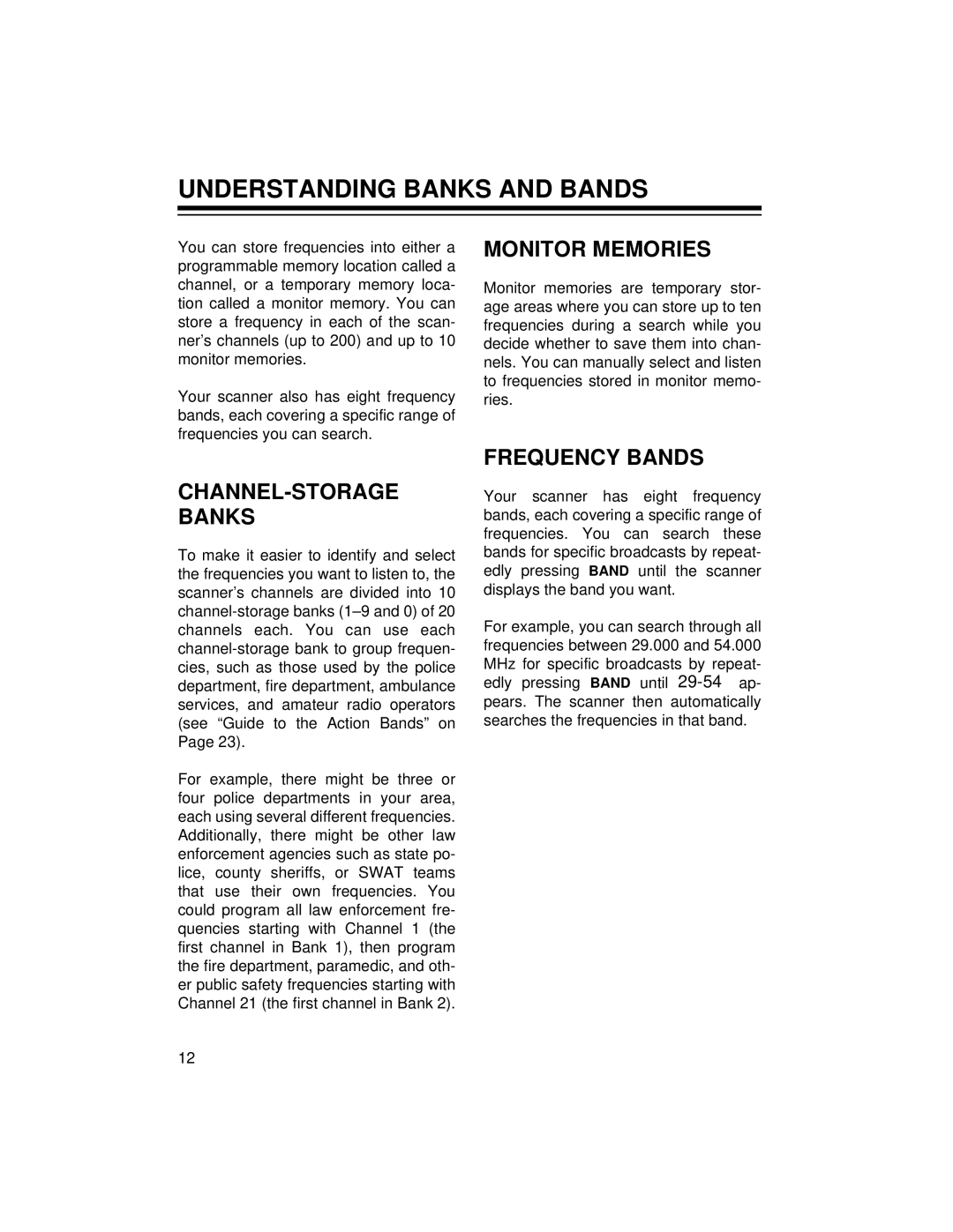 Radio Shack 20-422 owner manual Understanding Banks and Bands, CHANNEL-STORAGE Banks, Monitor Memories, Frequency Bands 