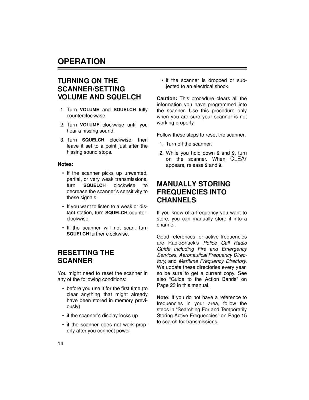 Radio Shack 20-422 owner manual Operation, Resetting Scanner, Manually Storing Frequencies Into Channels 