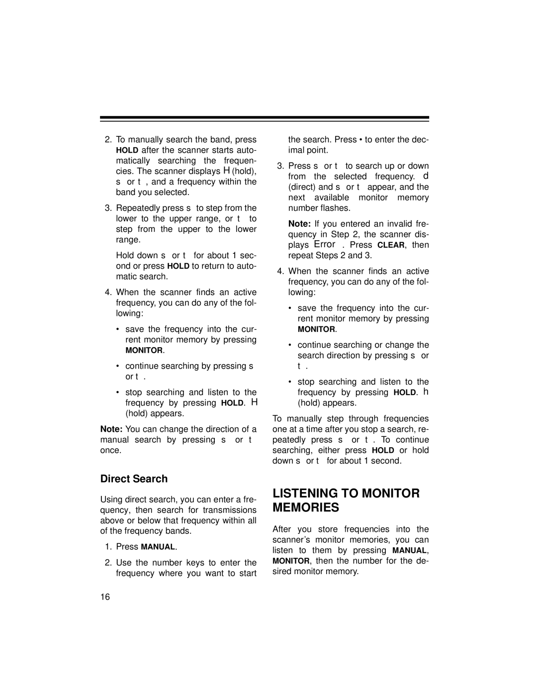 Radio Shack 20-422 owner manual Listening to Monitor Memories, Direct Search 