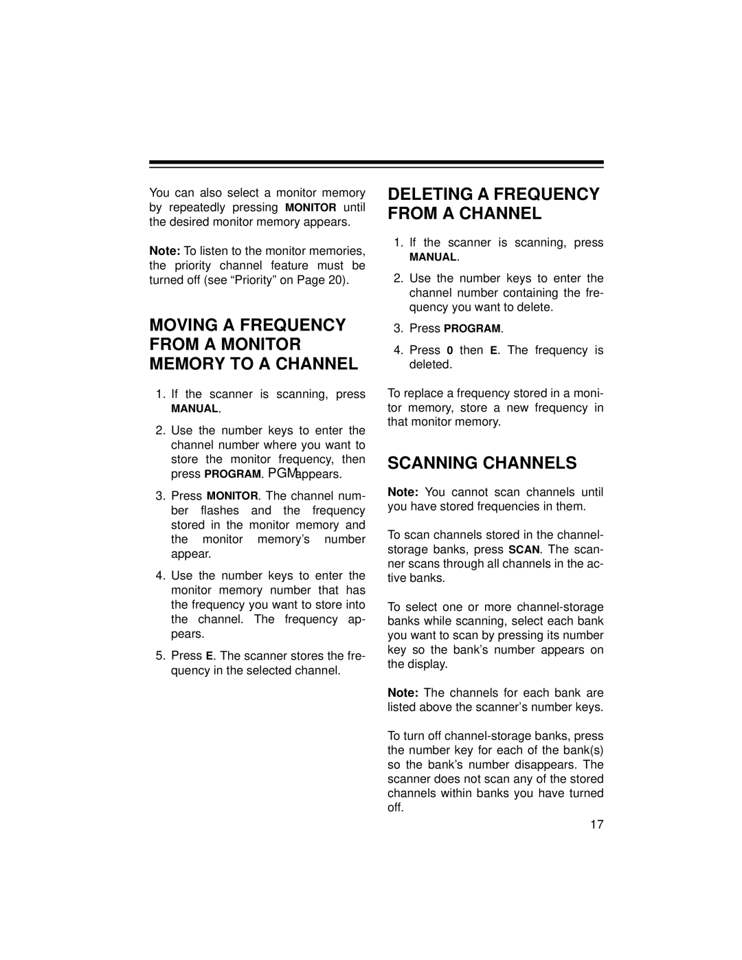 Radio Shack 20-422 owner manual Scanning Channels, Moving a Frequency from a Monitor Memory to a Channel 