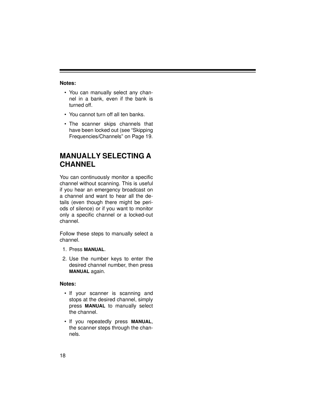 Radio Shack 20-422 owner manual Manually Selecting a Channel 