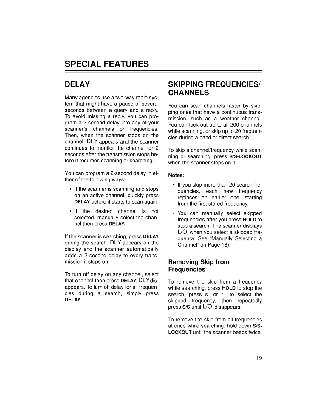 Radio Shack 20-422 owner manual Special Features, Delay, Removing Skip from Frequencies 