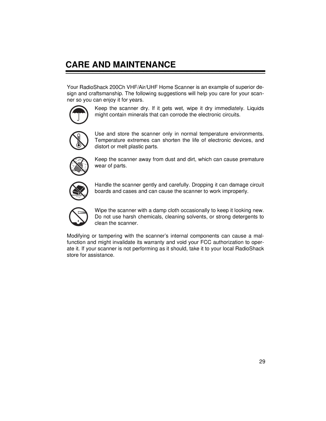 Radio Shack 20-422 owner manual Care and Maintenance 