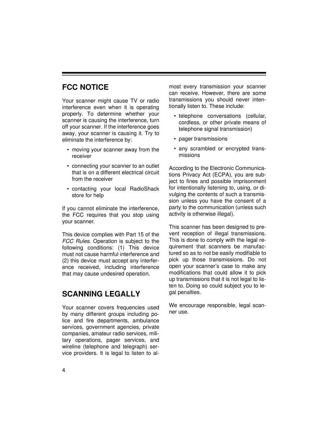 Radio Shack 20-422 owner manual FCC Notice, Scanning Legally 