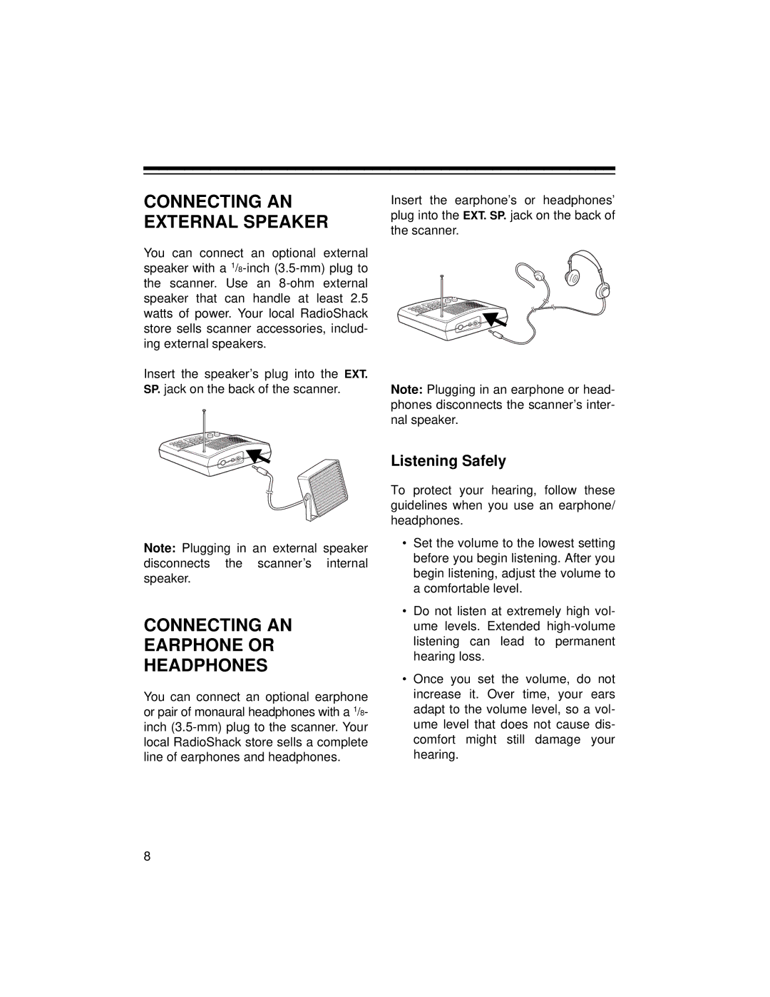 Radio Shack 20-422 owner manual Connecting AN External Speaker, Connecting AN Earphone or Headphones, Listening Safely 