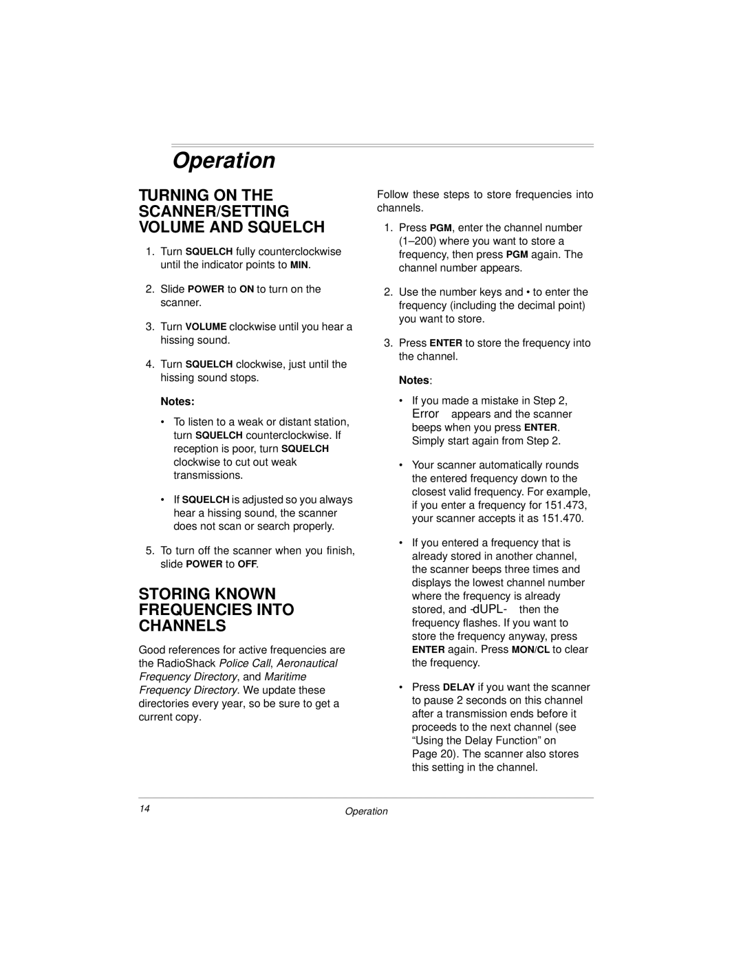 Radio Shack 20-423 Operation, Turning on the SCANNER/SETTING Volume and Squelch, Storing Known Frequencies Into Channels 