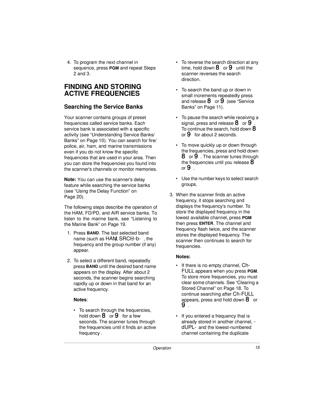 Radio Shack 20-423 owner manual Finding and Storing Active Frequencies, Searching the Service Banks 