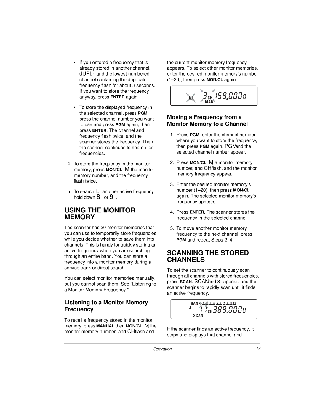 Radio Shack 20-423 Using the Monitor Memory, Scanning the Stored Channels, Listening to a Monitor Memory Frequency 