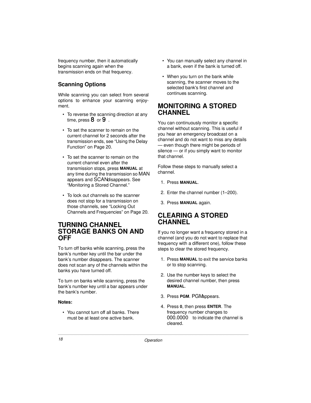 Radio Shack 20-423 Turning Channel Storage Banks on and OFF, Monitoring a Stored Channel, Clearing a Stored Channel 