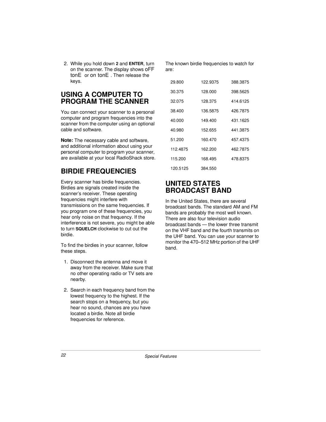 Radio Shack 20-423 owner manual Using a Computer to Program the Scanner, Birdie Frequencies, United States Broadcast Band 